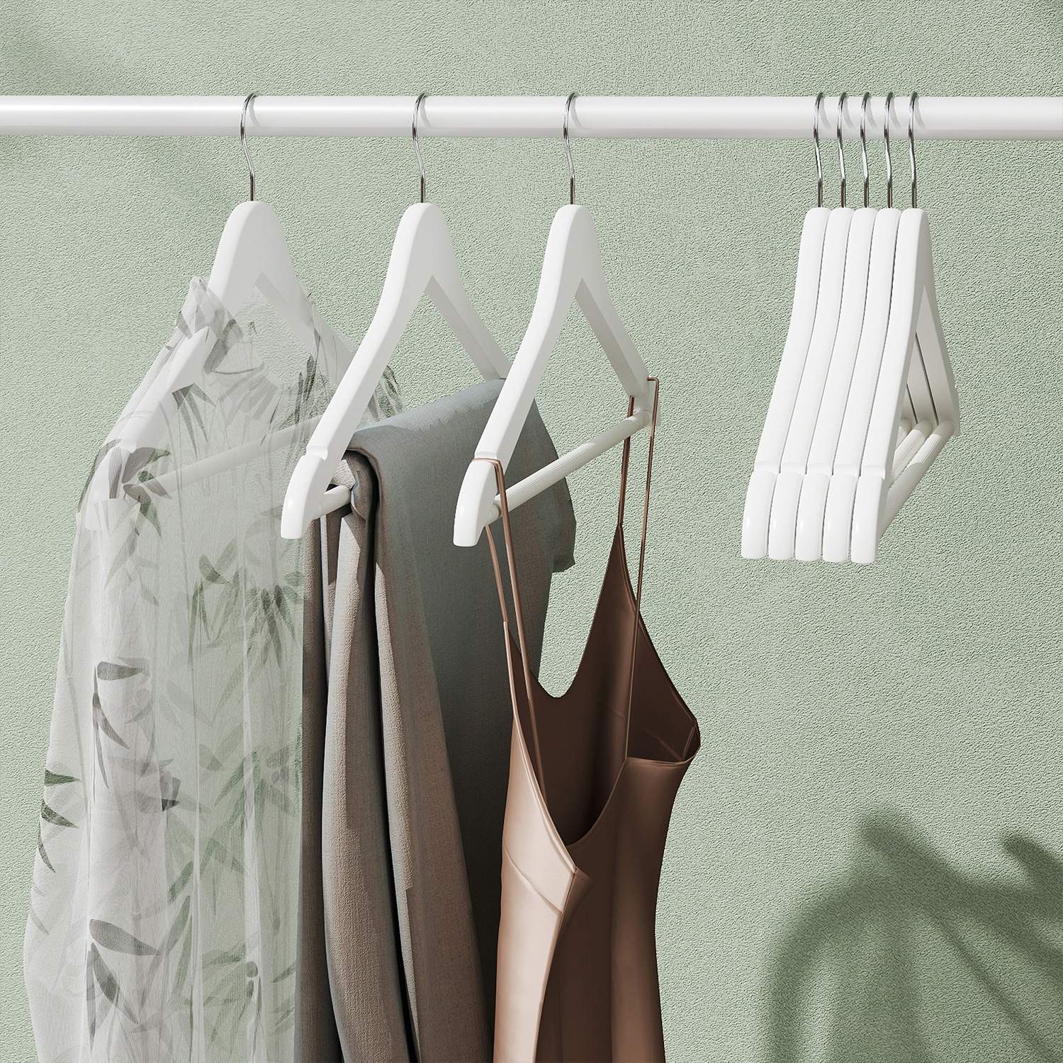 Wooden Coat Hangers – Solid Wood – White – Set of 10 with Shoulder Grooves and Anti-Slip Trousers Bar