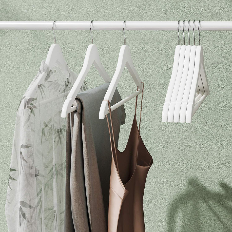 Wooden Coat Hangers – Solid Wood – White – Set of 10 with Shoulder Grooves and Anti-Slip Trousers Bar