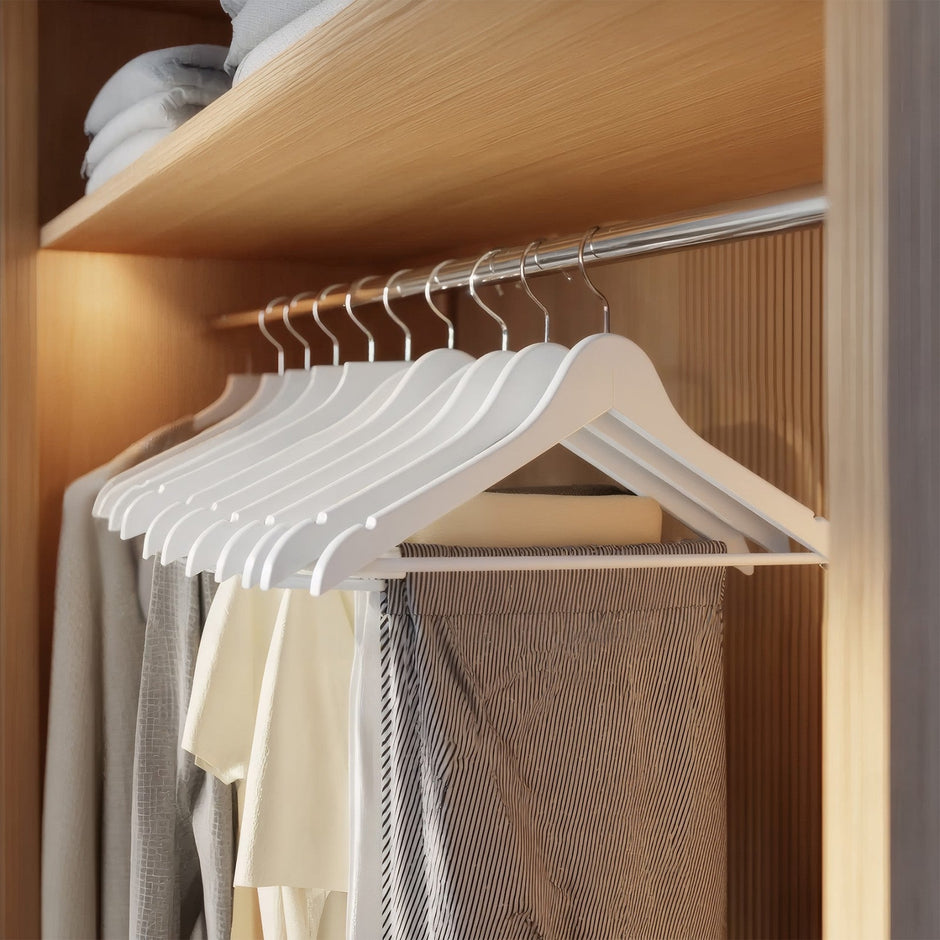 Set of 20 Solid Birch Wood Clothes Hangers – Natural Beige – 360° Swivel Hooks