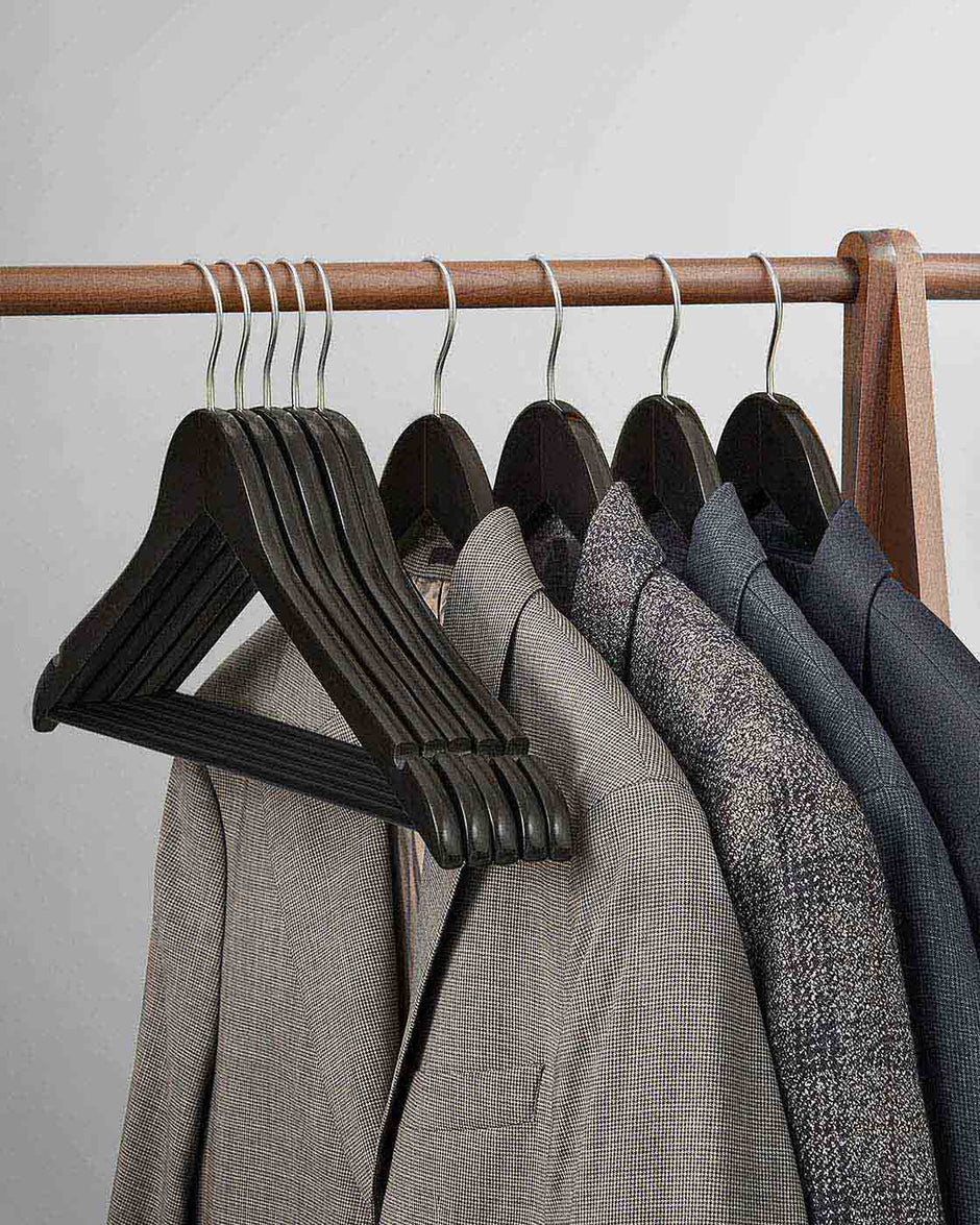 Coat Hangers – Maple Wood – Dark Walnut – 360° Swivel Hook, Shoulder Notches, Trousers Bar