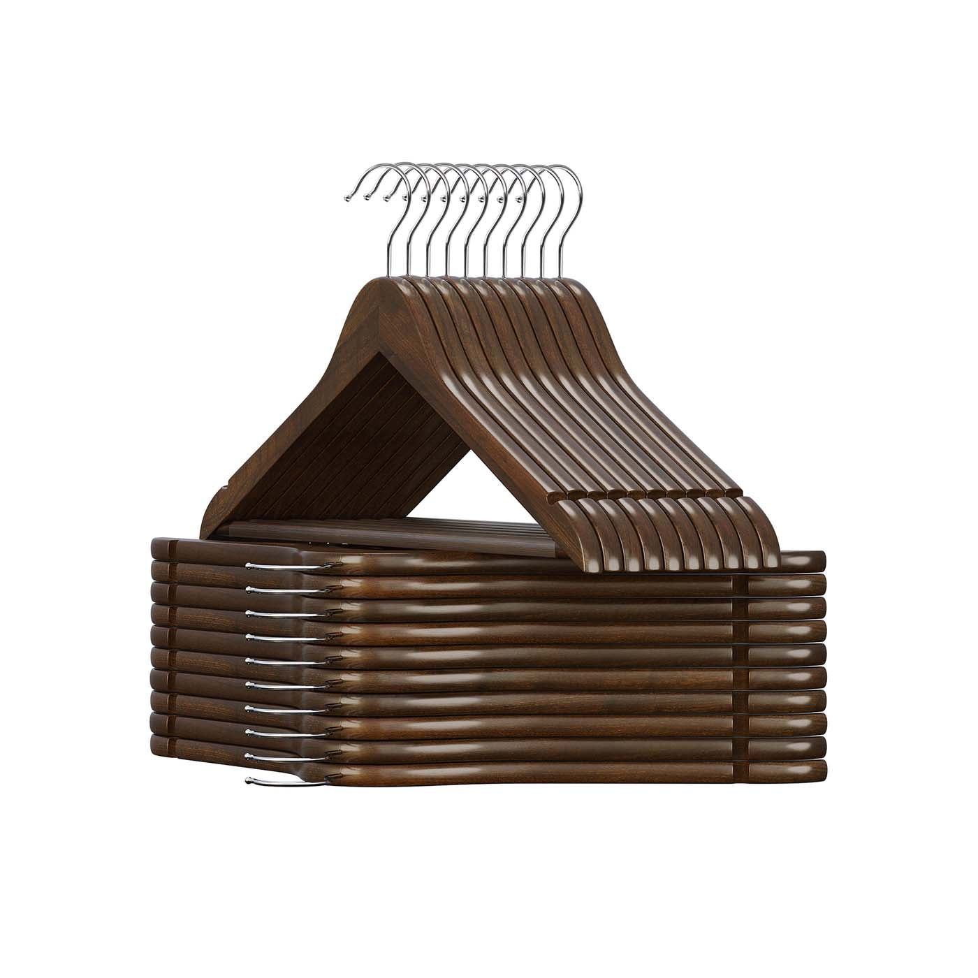 Wood Hangers – Maple Wood – Dark Walnut – 20-Pack with Shoulder Notches and Trousers Bar