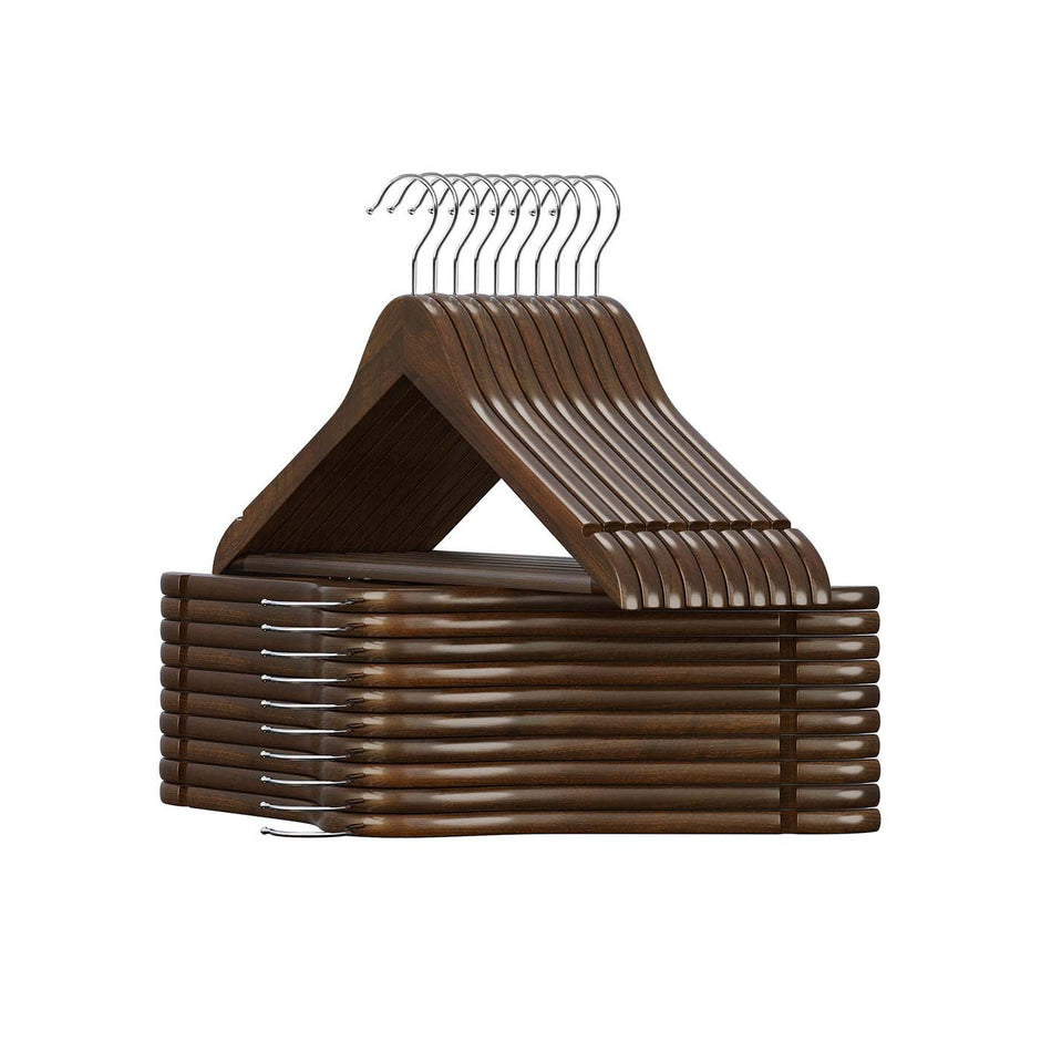 Wood Hangers – Maple Wood – Dark Walnut – 20-Pack with Shoulder Notches and Trousers Bar