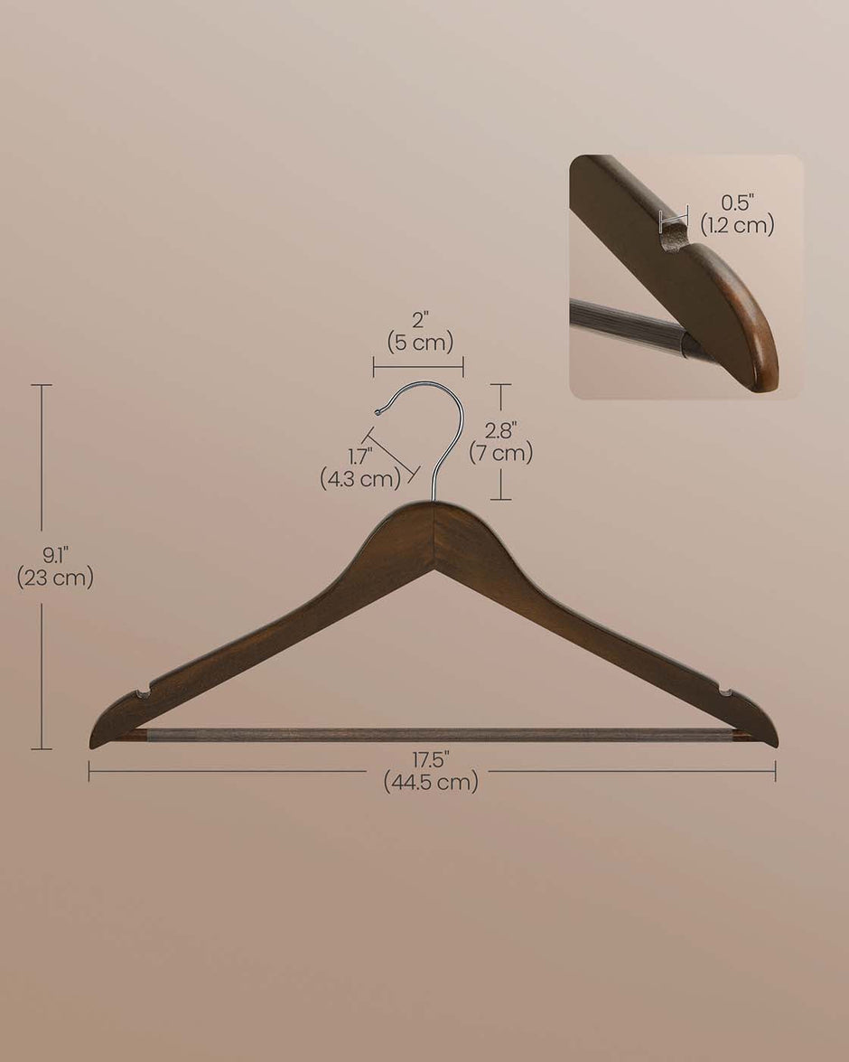 Wood Hangers – Maple Wood – Dark Walnut – 20-Pack with Shoulder Notches and Trousers Bar