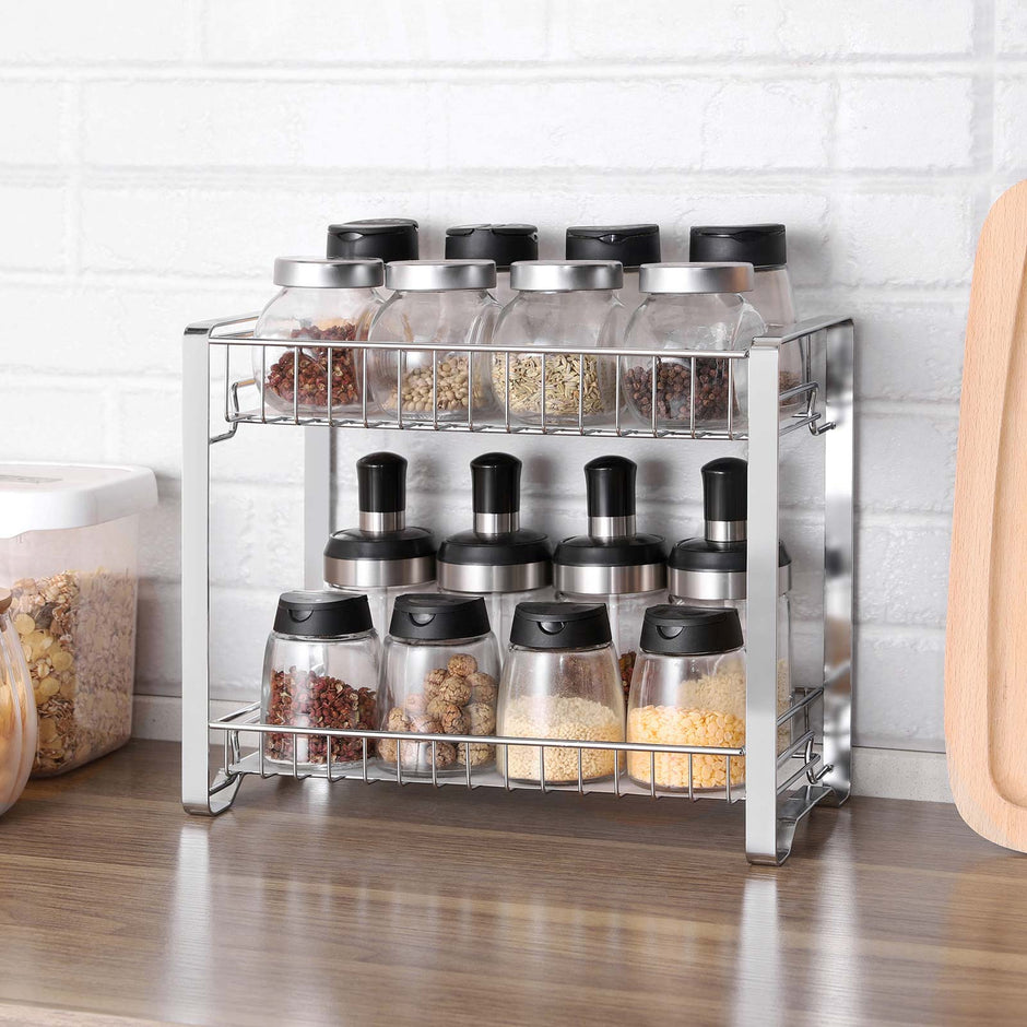 Spice Rack Organizer – Metal – Silver – 2-Tier with Anti-Slip Feet and Plastic Shelf Liner