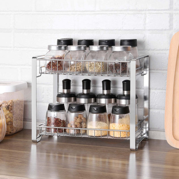 Spice Rack Organizer – Metal – Silver – 2-Tier with Anti-Slip Feet and Plastic Shelf Liner
