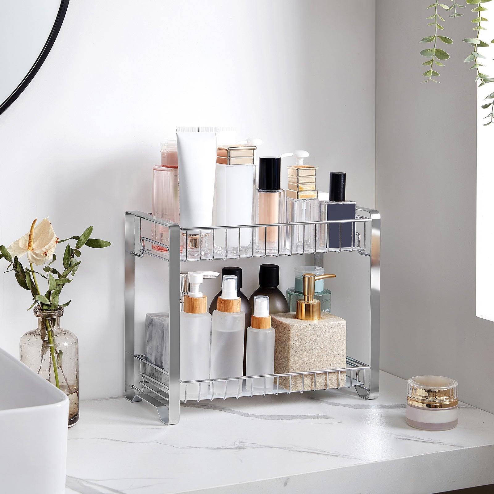 Spice Rack Organizer – Metal – Silver – 2-Tier with Anti-Slip Feet and Plastic Shelf Liner