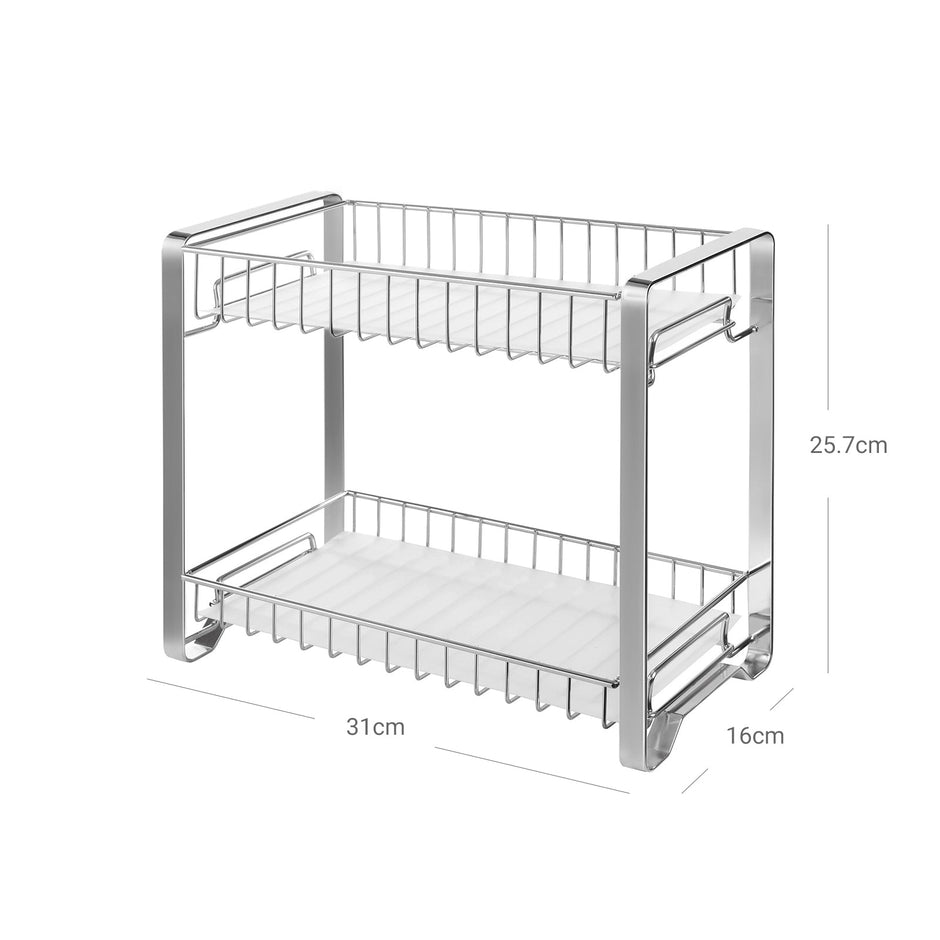 Spice Rack Organizer – Metal – Silver – 2-Tier with Anti-Slip Feet and Plastic Shelf Liner