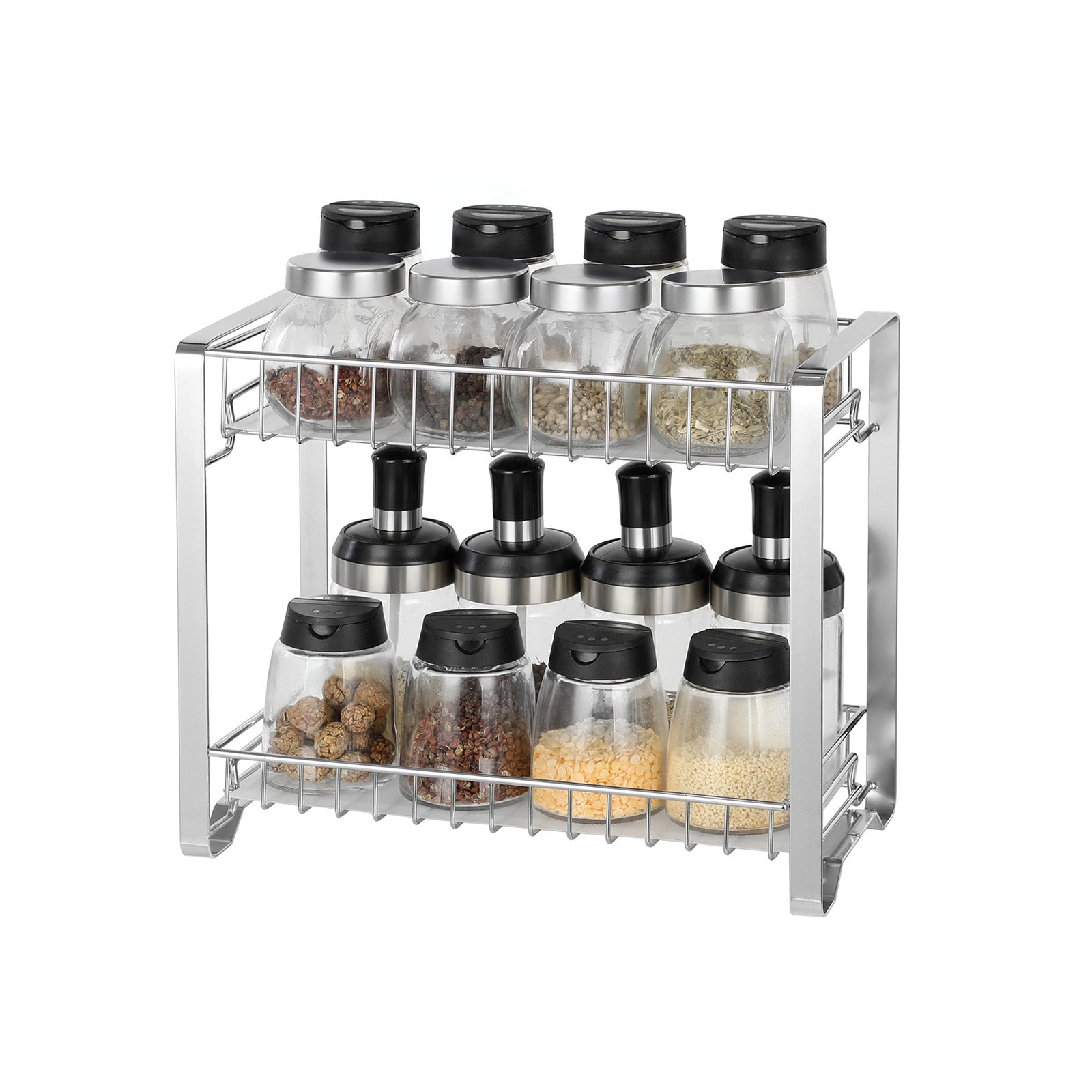 Spice Rack Organizer – Metal – Silver – 2-Tier with Anti-Slip Feet and Plastic Shelf Liner
