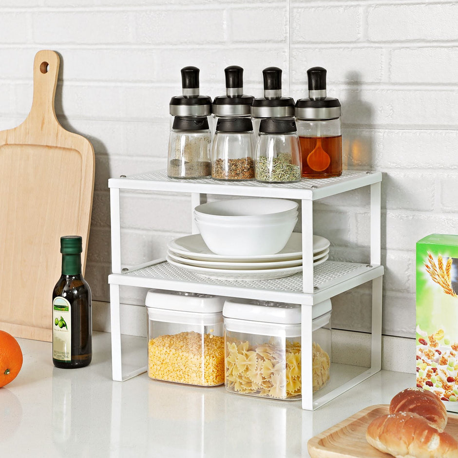 Set of 2 Cupboard Organisers – Metal – White – Stackable and Expandable Kitchen Storage Shelves