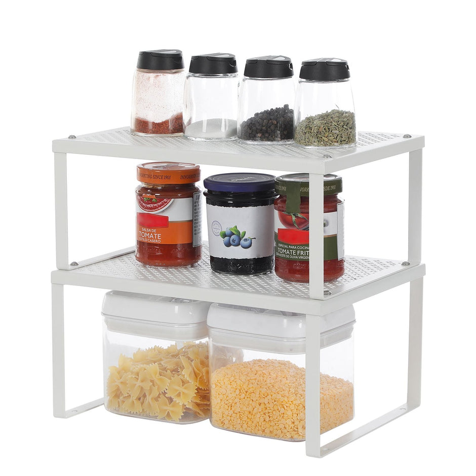 Set of 2 Cupboard Organisers – Metal – White – Stackable and Expandable Kitchen Storage Shelves