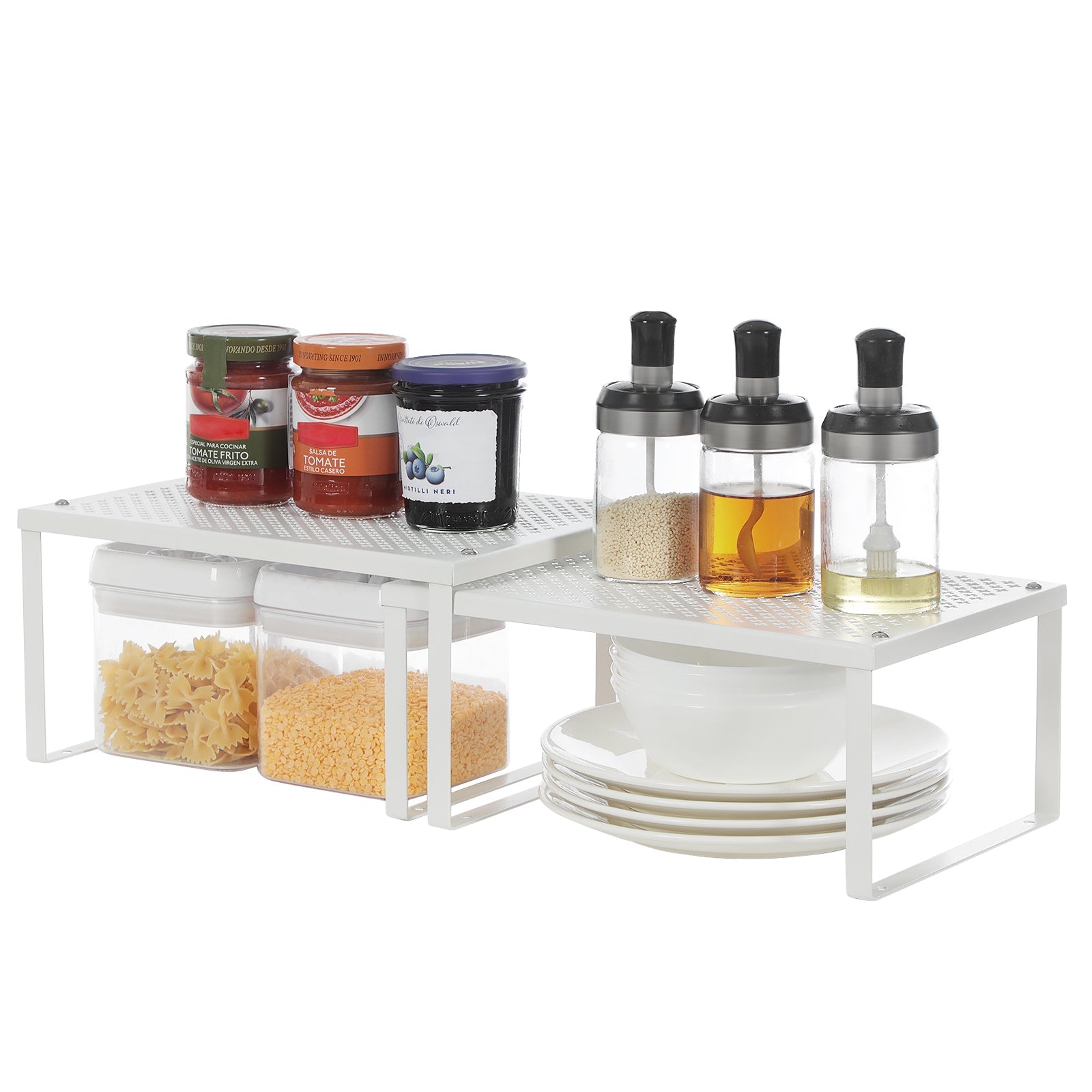Set of 2 Cupboard Organisers – Metal – White – Stackable and Expandable Kitchen Storage Shelves