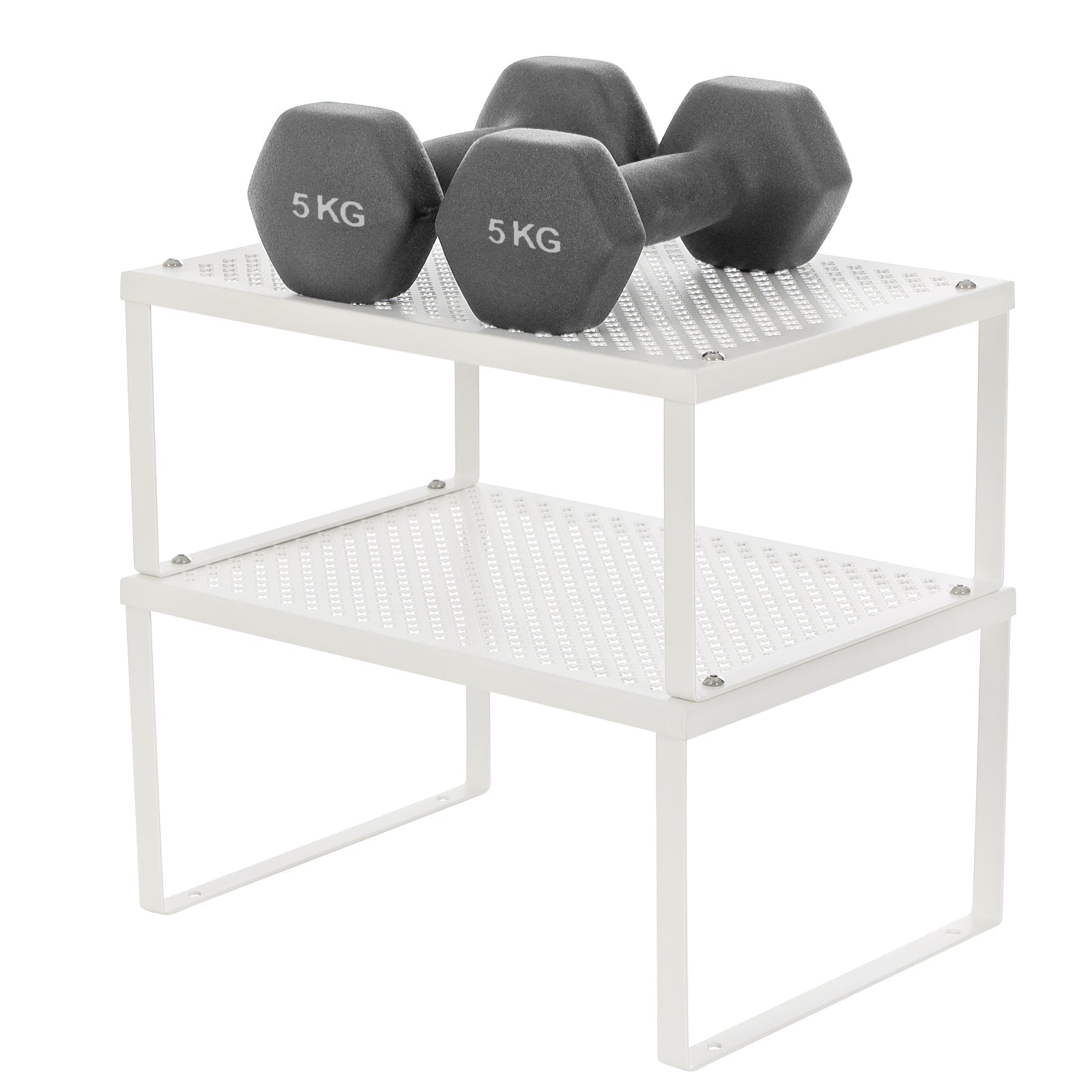 Set of 2 Cupboard Organisers – Metal – White – Stackable and Expandable Kitchen Storage Shelves