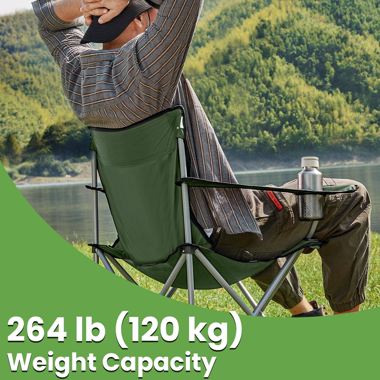 Camping Chairs Set of 2 – Metal – Olive Green – Folding with Armrests, 120 kg Capacity