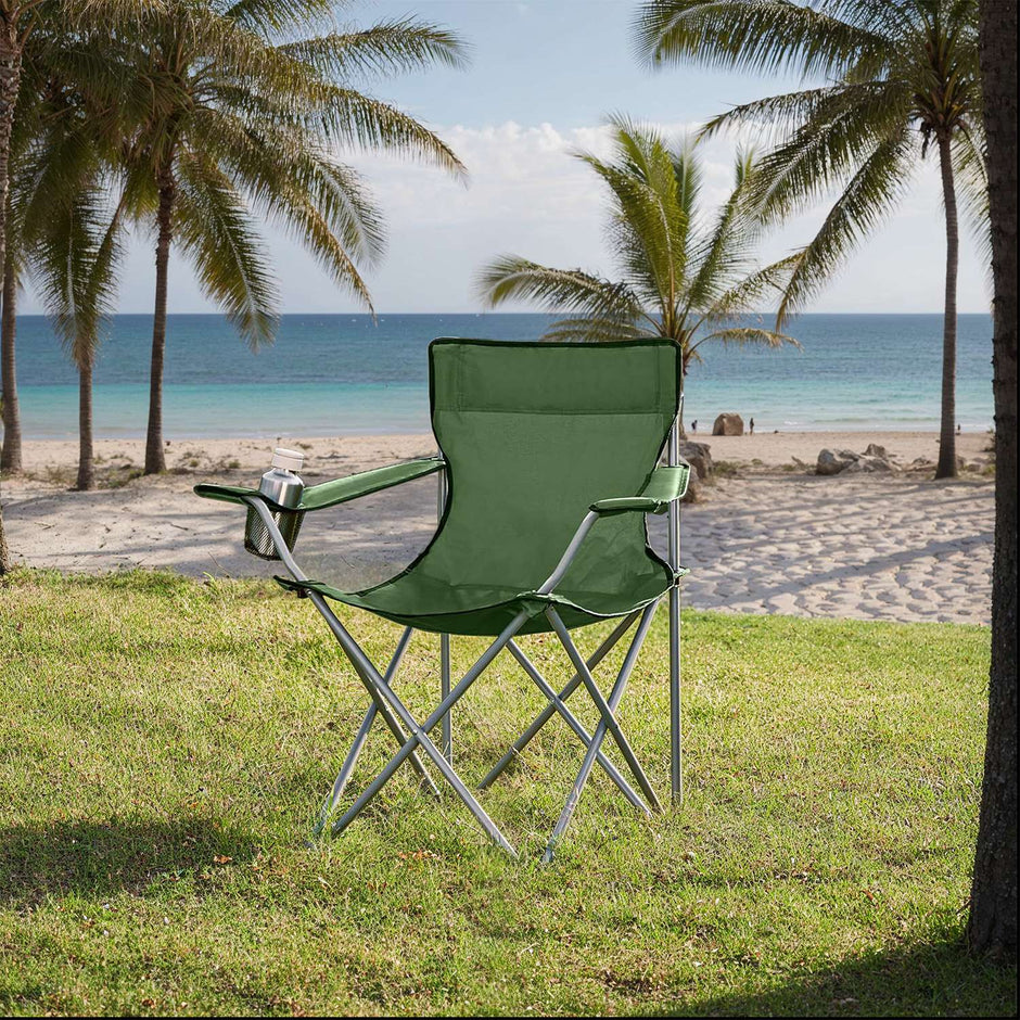 Camping Chairs Set of 2 – Metal – Olive Green – Folding with Armrests, 120 kg Capacity