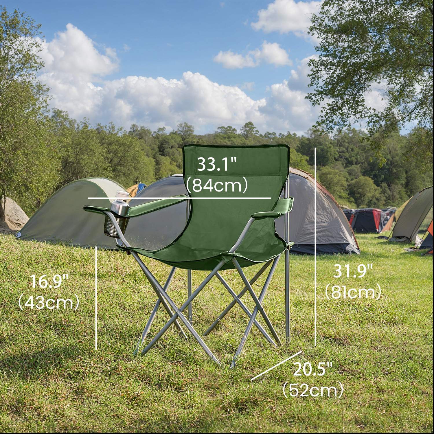 Camping Chairs Set of 2 – Metal – Olive Green – Folding with Armrests, 120 kg Capacity