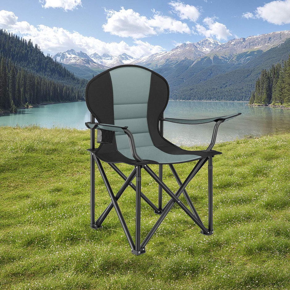 Folding Camping Chair – Heavy-Duty Metal – Grey and Black – Padded Seat with Cup Holder