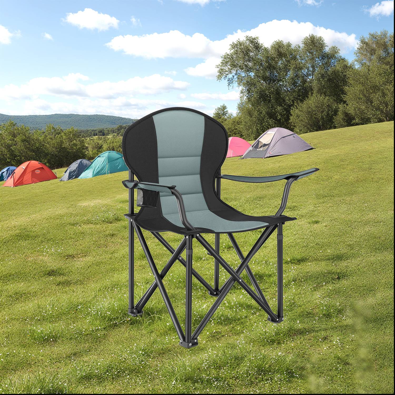 Folding Camping Chair – Heavy-Duty Metal – Grey and Black – Padded Seat with Cup Holder