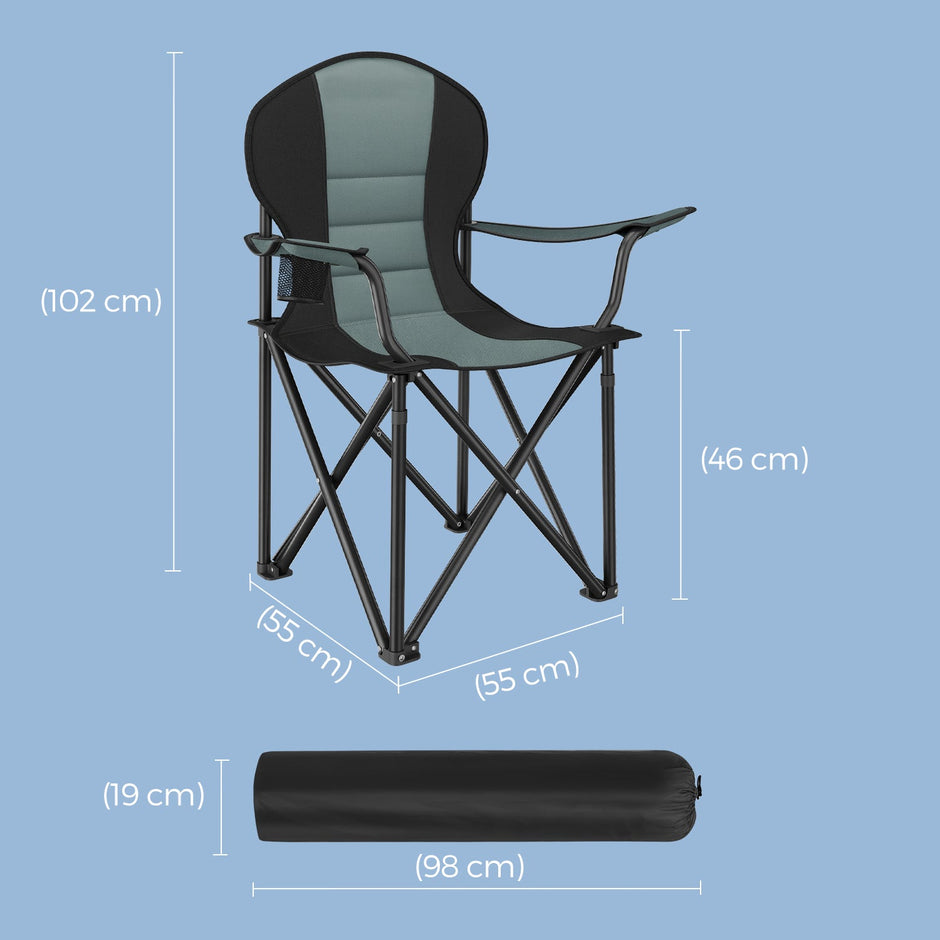 Folding Camping Chair – Heavy-Duty Metal – Grey and Black – Padded Seat with Cup Holder