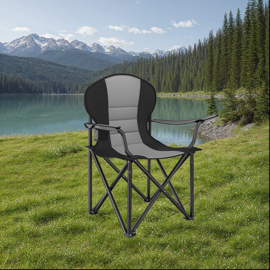Folding Camping Chair – Heavy-Duty Metal – Grey and Black – Padded Seat with Cup Holder