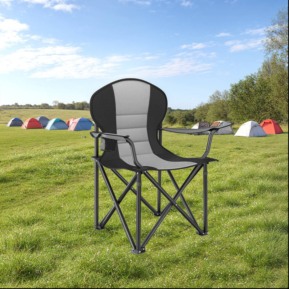 Folding Camping Chair – Heavy-Duty Metal – Grey and Black – Padded Seat with Cup Holder