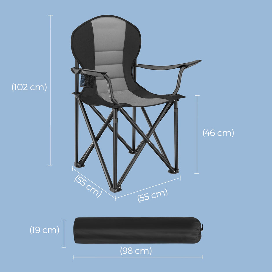 Folding Camping Chair – Heavy-Duty Metal – Grey and Black – Padded Seat with Cup Holder