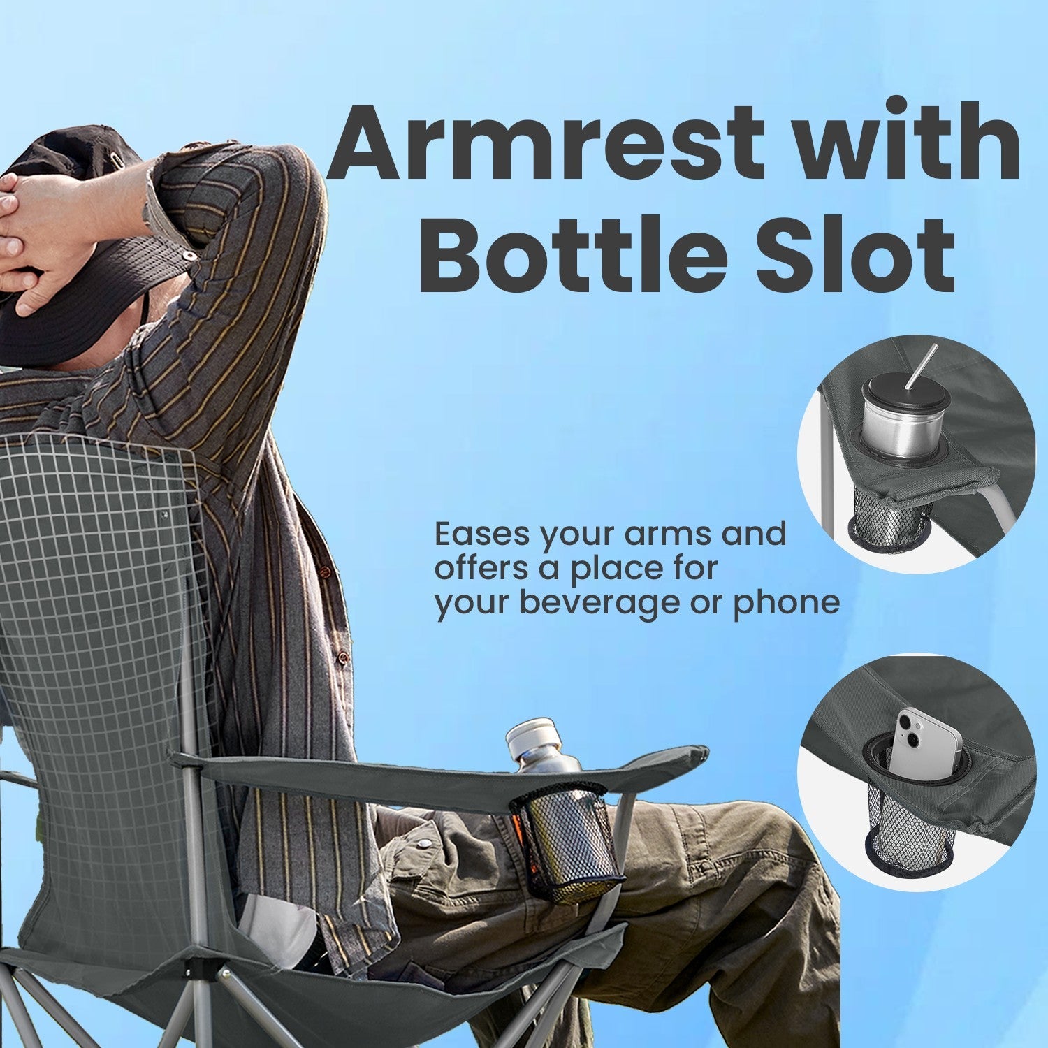 Set of 2 Folding Heavy-Duty Camping Chairs – Metal Frame – Slate Gray – Includes Cup Holder
