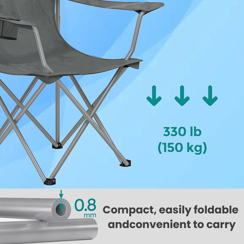 Set of 2 Folding Heavy-Duty Camping Chairs – Metal Frame – Slate Gray – Includes Cup Holder