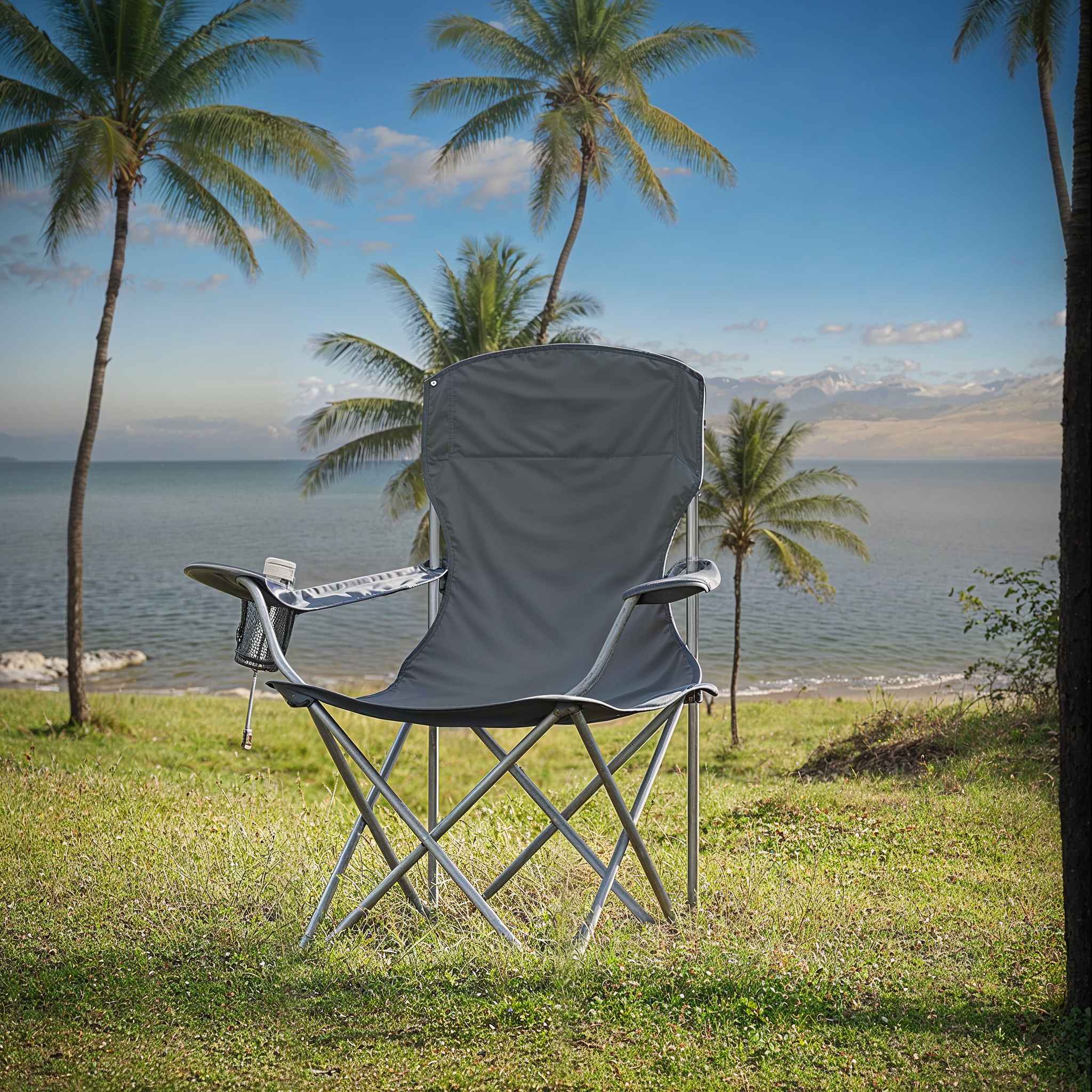 Set of 2 Folding Heavy-Duty Camping Chairs – Metal Frame – Slate Gray – Includes Cup Holder