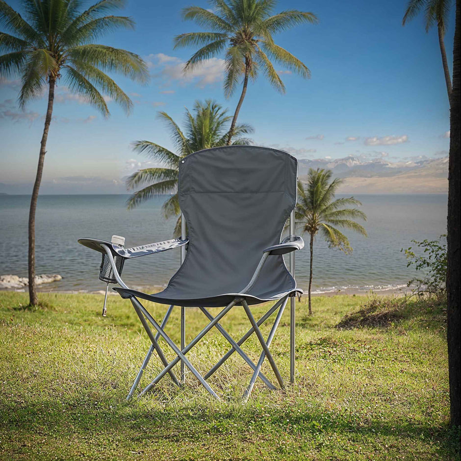 Set of 2 Folding Heavy-Duty Camping Chairs – Metal Frame – Slate Gray – Includes Cup Holder