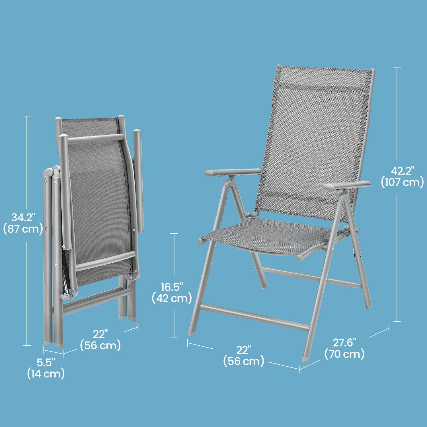 Folding Outdoor Chair – Fabric – Grey – 8-Angle Reclining Back, Max. Capacity 150 kg