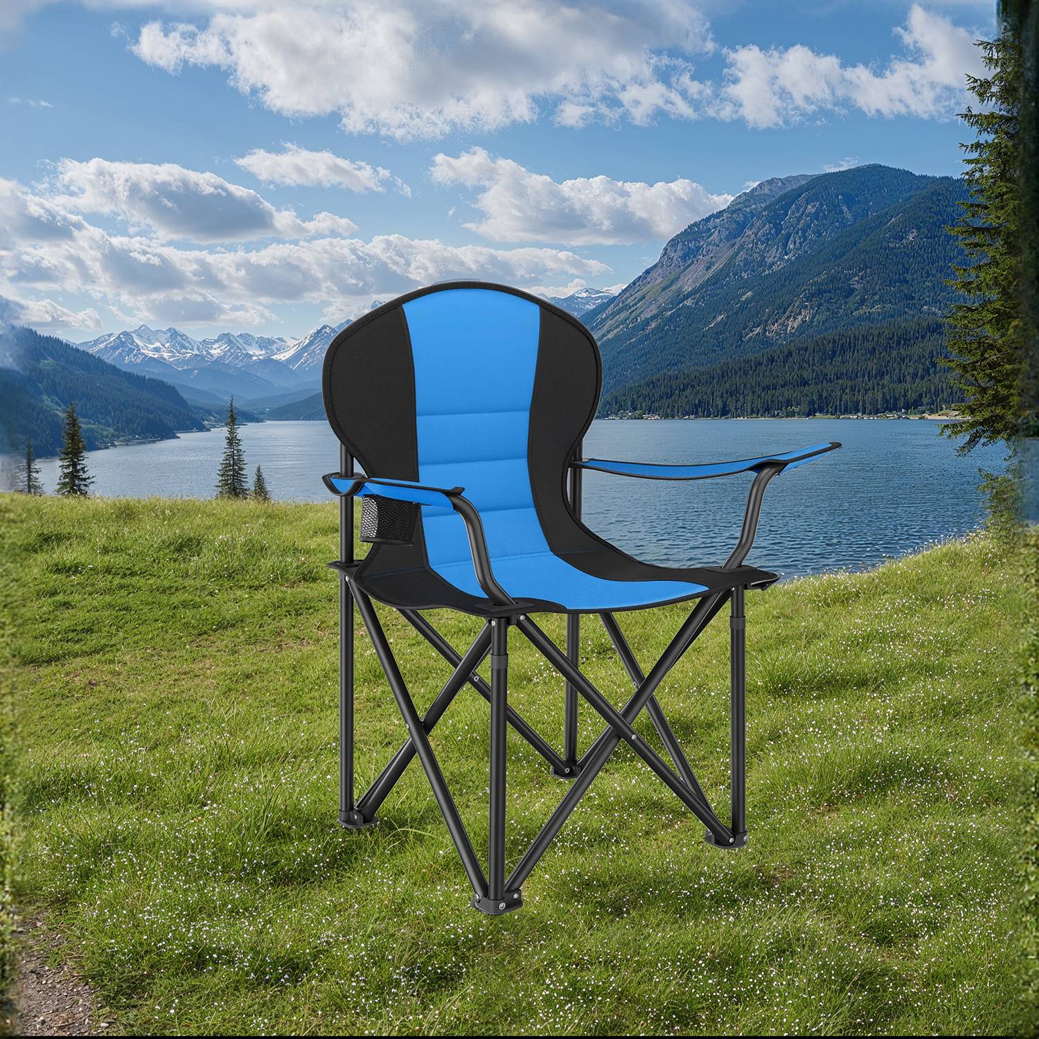 Folding Camping Chair – Heavy-Duty Metal – Grey and Black – Padded Seat with Cup Holder