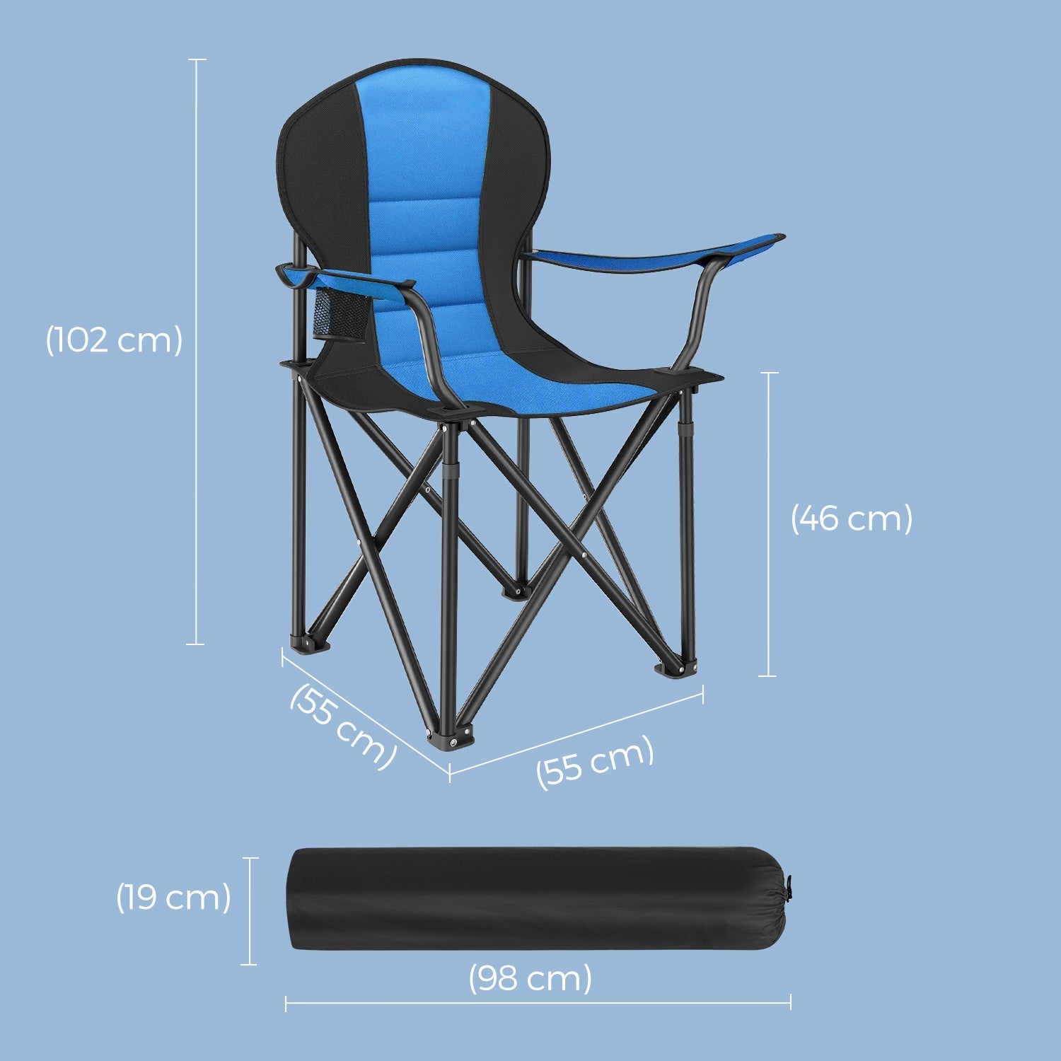 Folding Camping Chair – Heavy-Duty Metal – Grey and Black – Padded Seat with Cup Holder