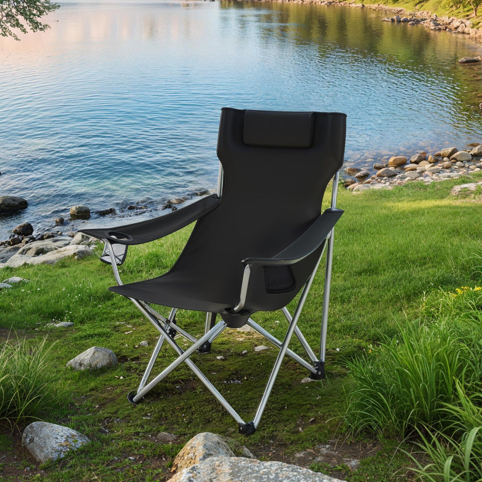 Folding Camping Chair – Metal Frame – Black – with Armrests, Headrest, and Cup Holder