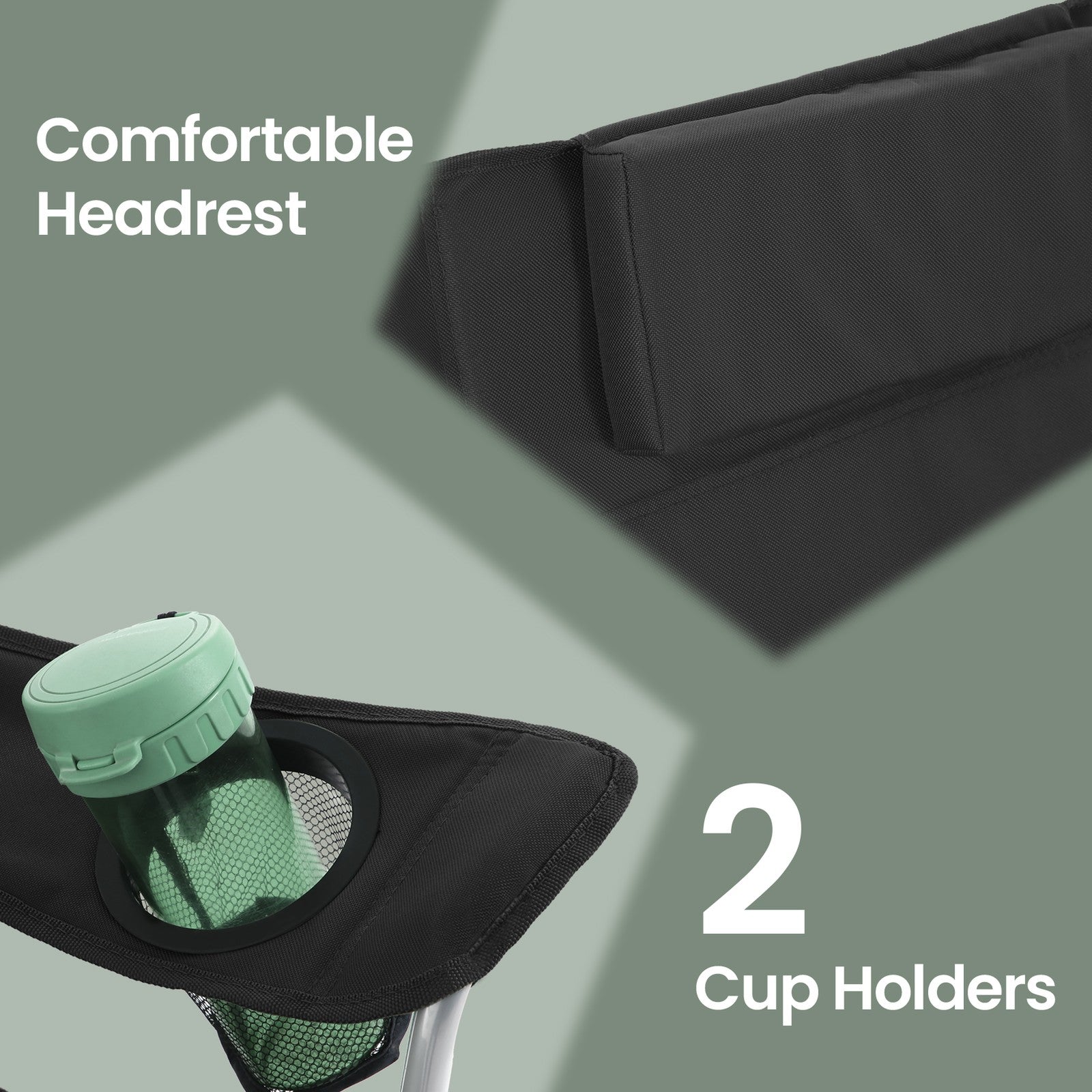 Folding Camping Chair – Metal Frame – Black – with Armrests, Headrest, and Cup Holder