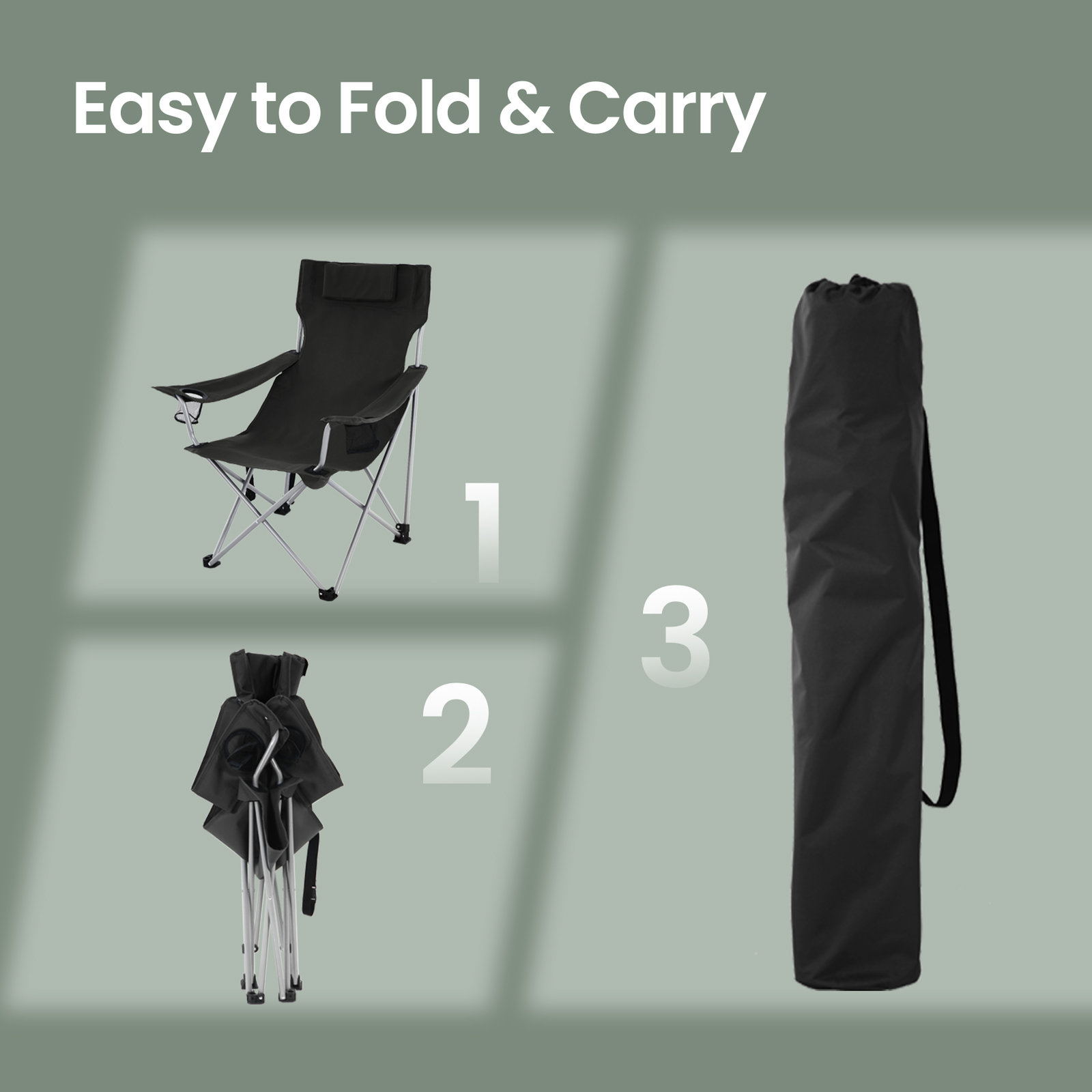 Folding Camping Chair – Metal Frame – Black – with Armrests, Headrest, and Cup Holder