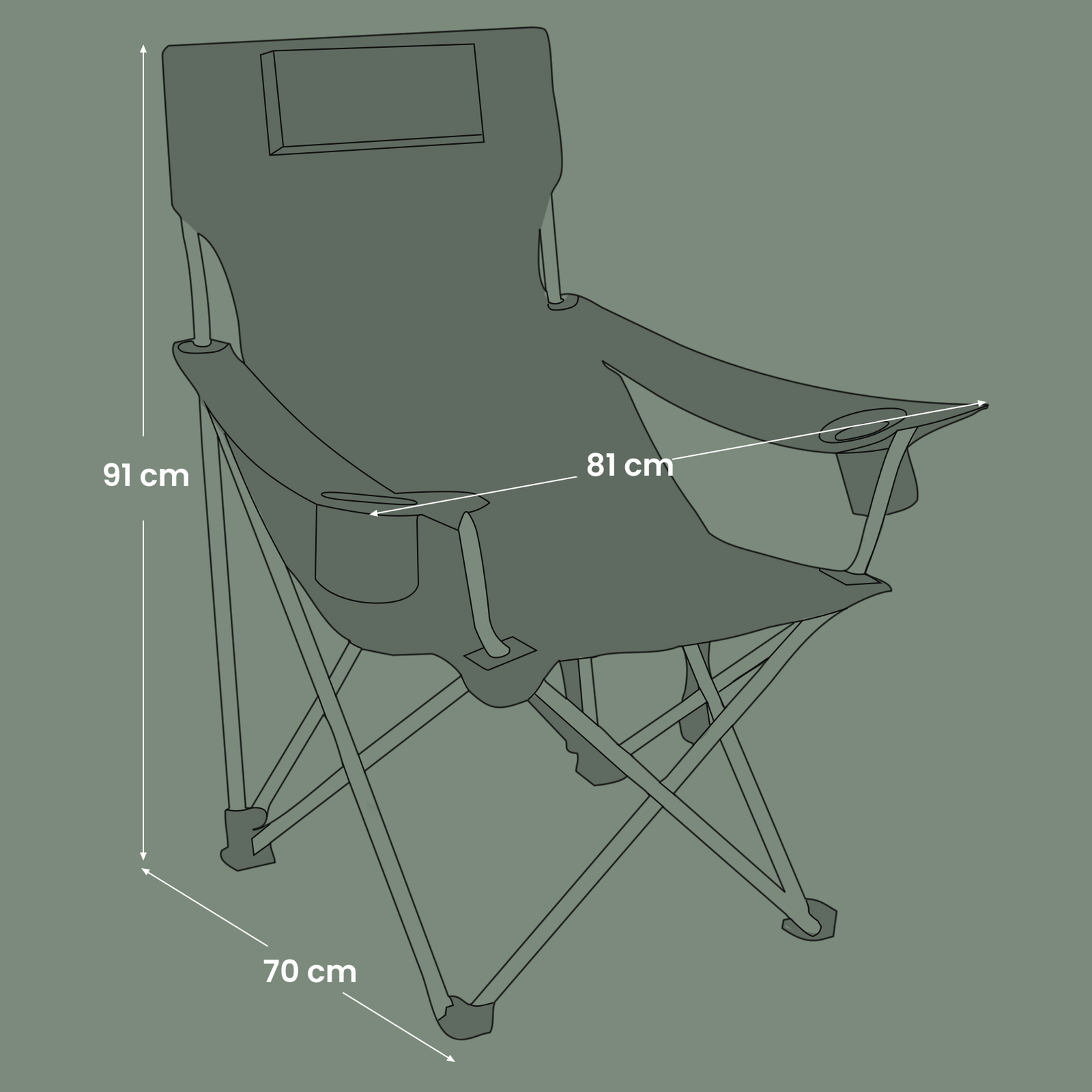 Folding Camping Chair – Metal Frame – Black – with Armrests, Headrest, and Cup Holder