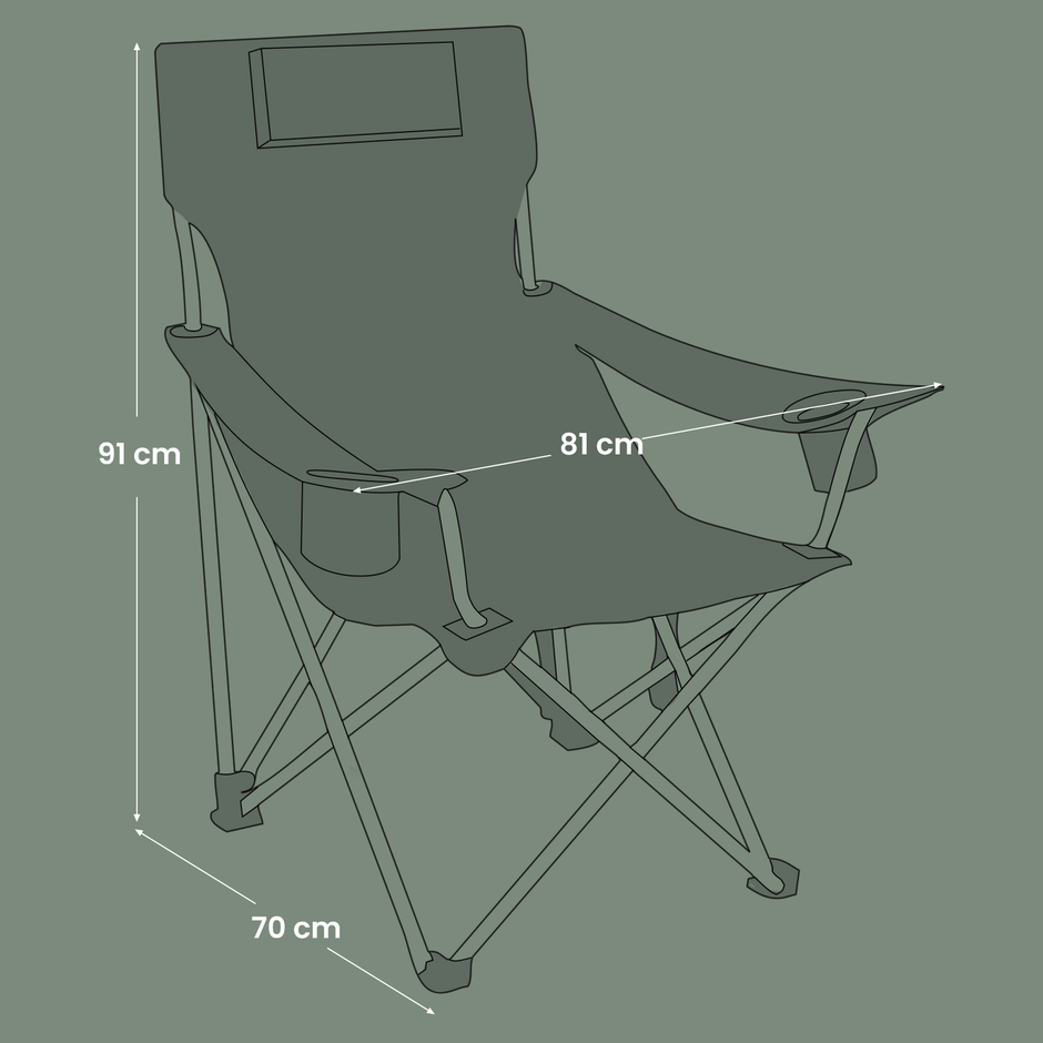 Folding Camping Chair – Metal Frame – Black – with Armrests, Headrest, and Cup Holder
