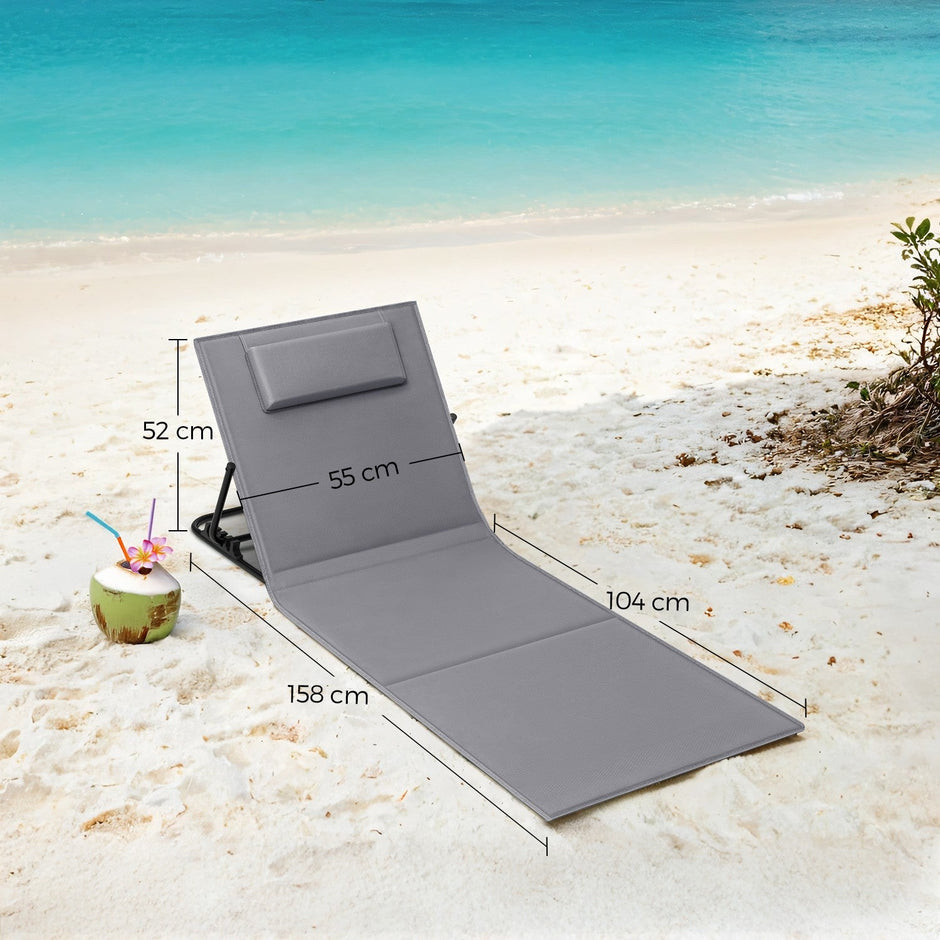 Folding Beach Sunlounger – Lightweight Fabric – Slate Grey – Portable with Reclining Backrest