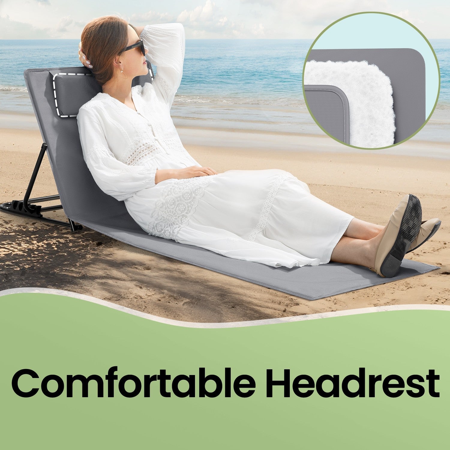Folding Beach Sunlounger – Lightweight Fabric – Slate Grey – Portable with Reclining Backrest