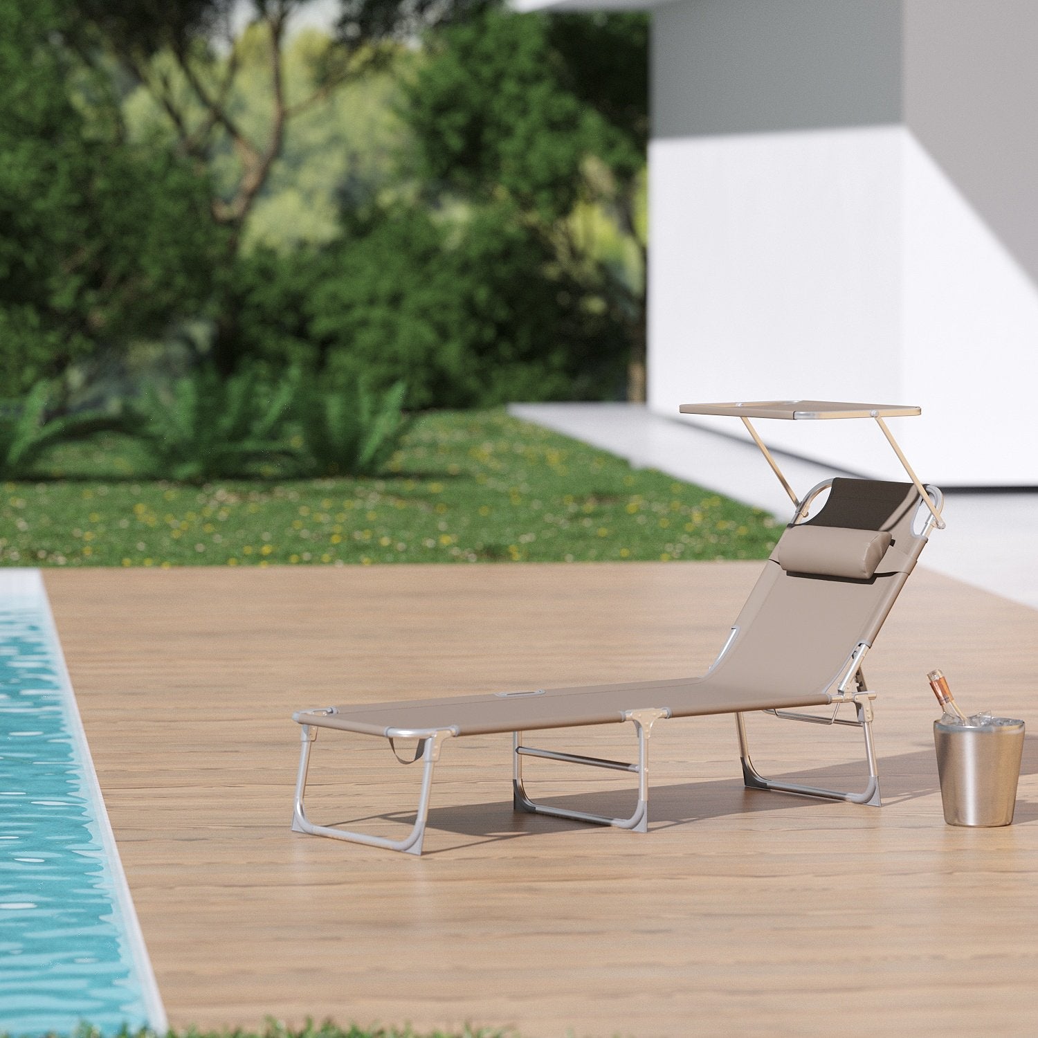 Sun Lounger – Fabric – Taupe – Adjustable Backrest with Sunshade