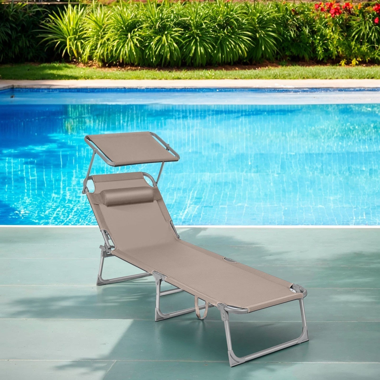 Sun Lounger – Fabric – Taupe – Adjustable Backrest with Sunshade