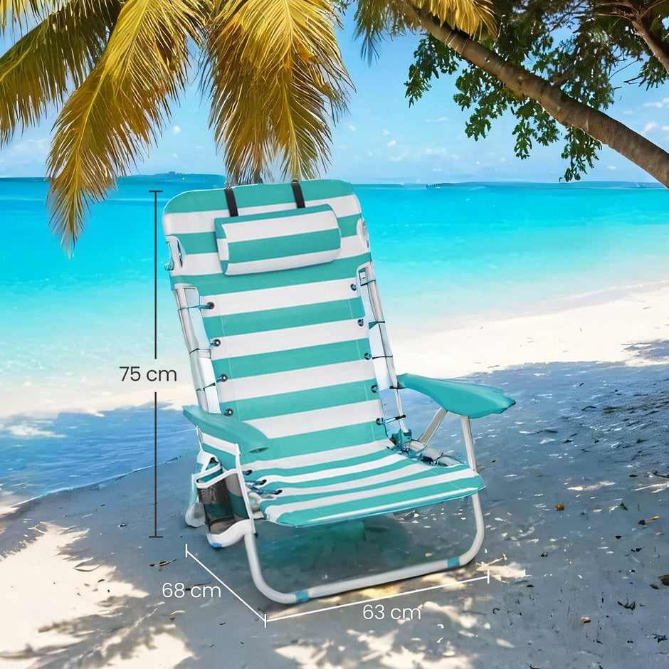 Folding Camping Chair – Fabric – Green and White – Adjustable Backrest with Headrest and Side Pockets