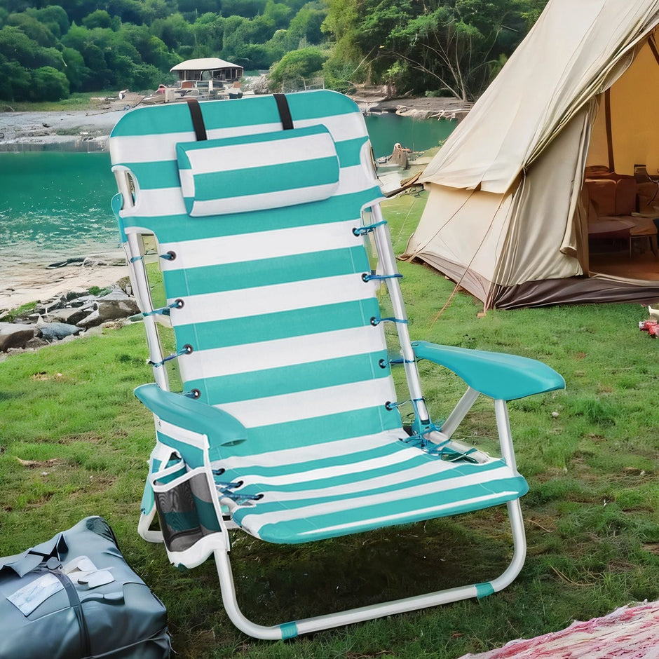 Folding Camping Chair – Fabric – Green and White – Adjustable Backrest with Headrest and Side Pockets