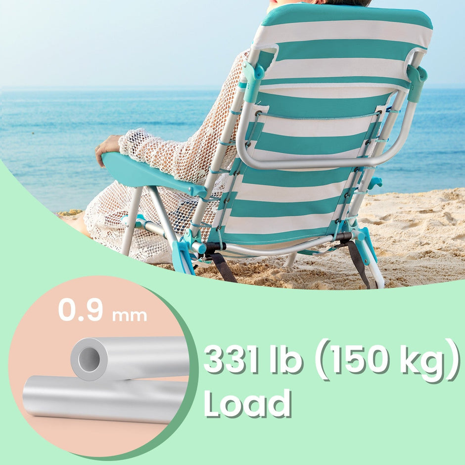 Folding Camping Chair – Fabric – Green and White – Adjustable Backrest with Headrest and Side Pockets