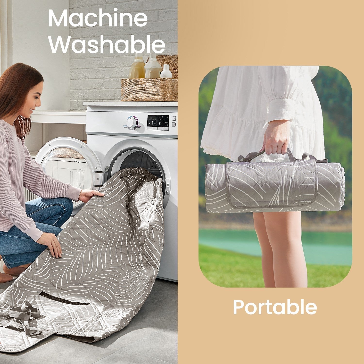 Picnic Blanket – Waterproof – Khaki with Leaf Pattern – Includes 4 Ground Pegs, Machine Washable, Large Size 200 x 200 cm