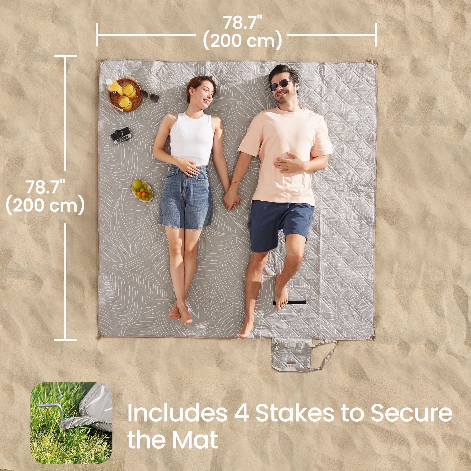 Picnic Blanket – Waterproof – Khaki with Leaf Pattern – Includes 4 Ground Pegs, Machine Washable, Large Size 200 x 200 cm