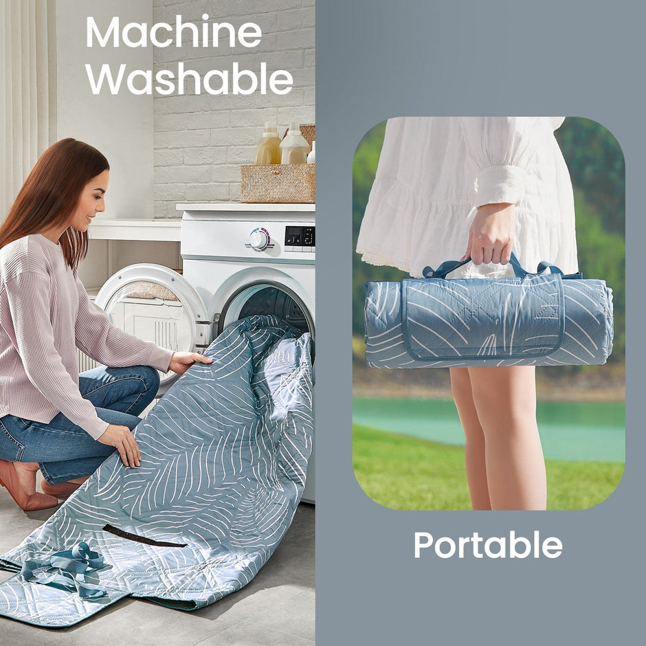 Picnic Blanket – Waterproof – Khaki with Leaf Pattern – Includes 4 Ground Pegs, Machine Washable, Large Size 200 x 200 cm