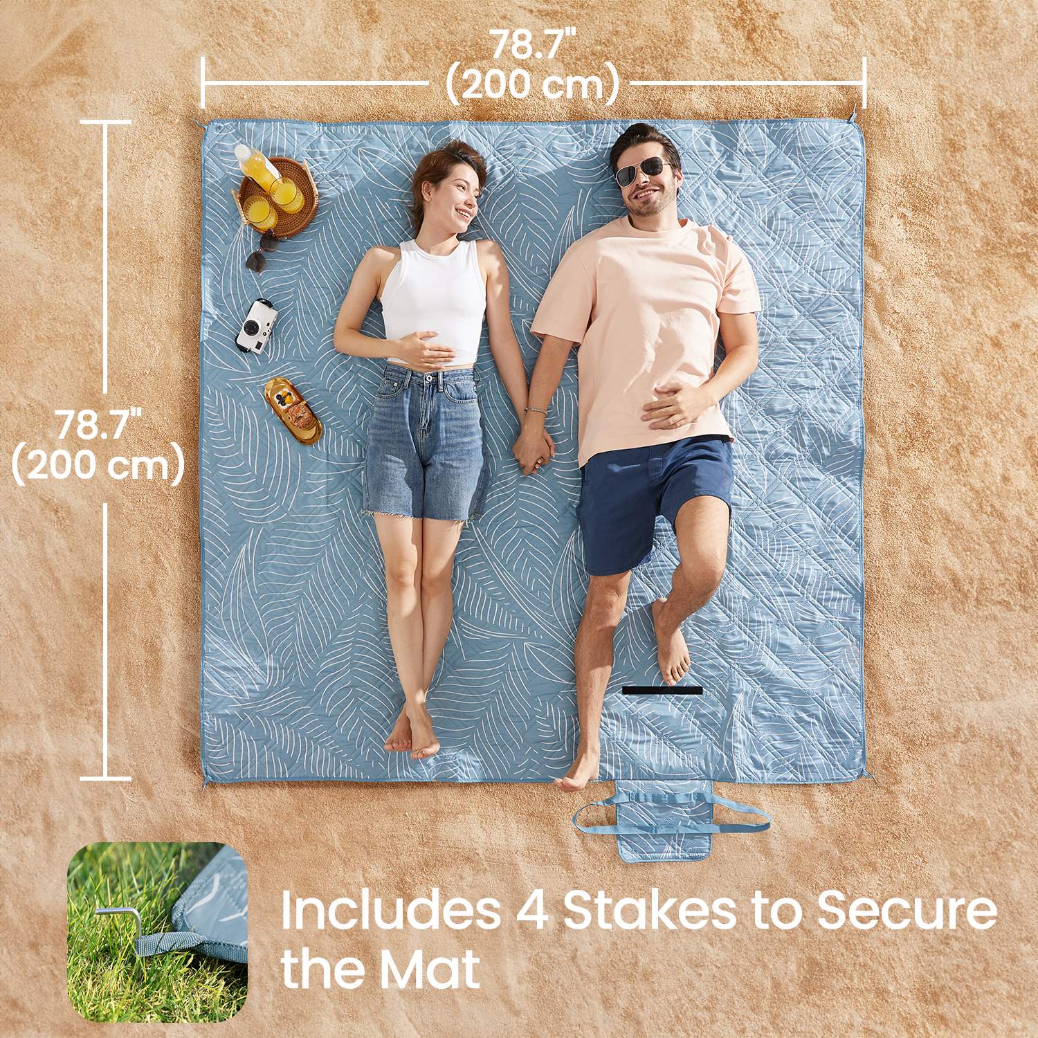 Picnic Blanket – Waterproof – Khaki with Leaf Pattern – Includes 4 Ground Pegs, Machine Washable, Large Size 200 x 200 cm