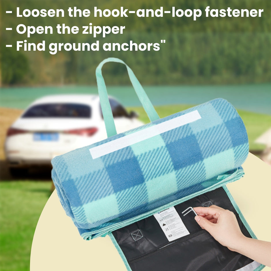 Picnic Blanket – Waterproof Material – Green and Blue – Large Foldable Mat with Windproof Pegs