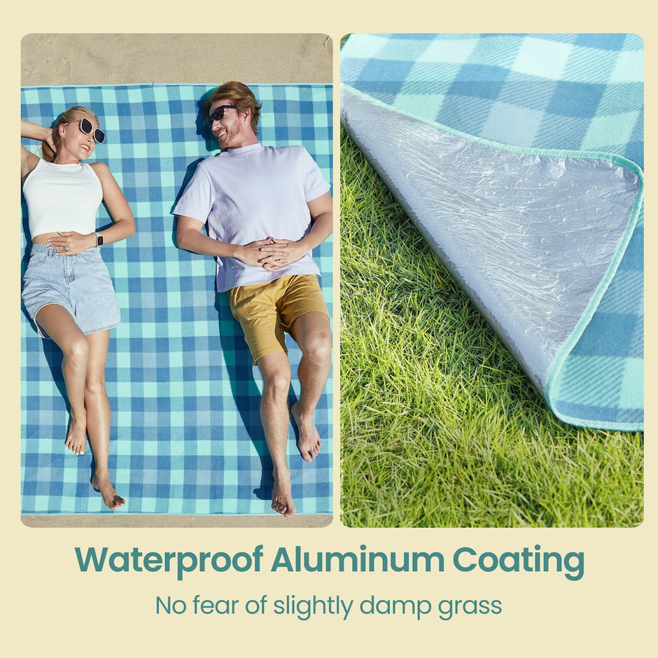 Picnic Blanket – Waterproof Material – Green and Blue – Large Foldable Mat with Windproof Pegs